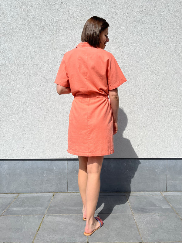 JXsana linen blend short dress wvn peach echo jurk korte mouwen koraal