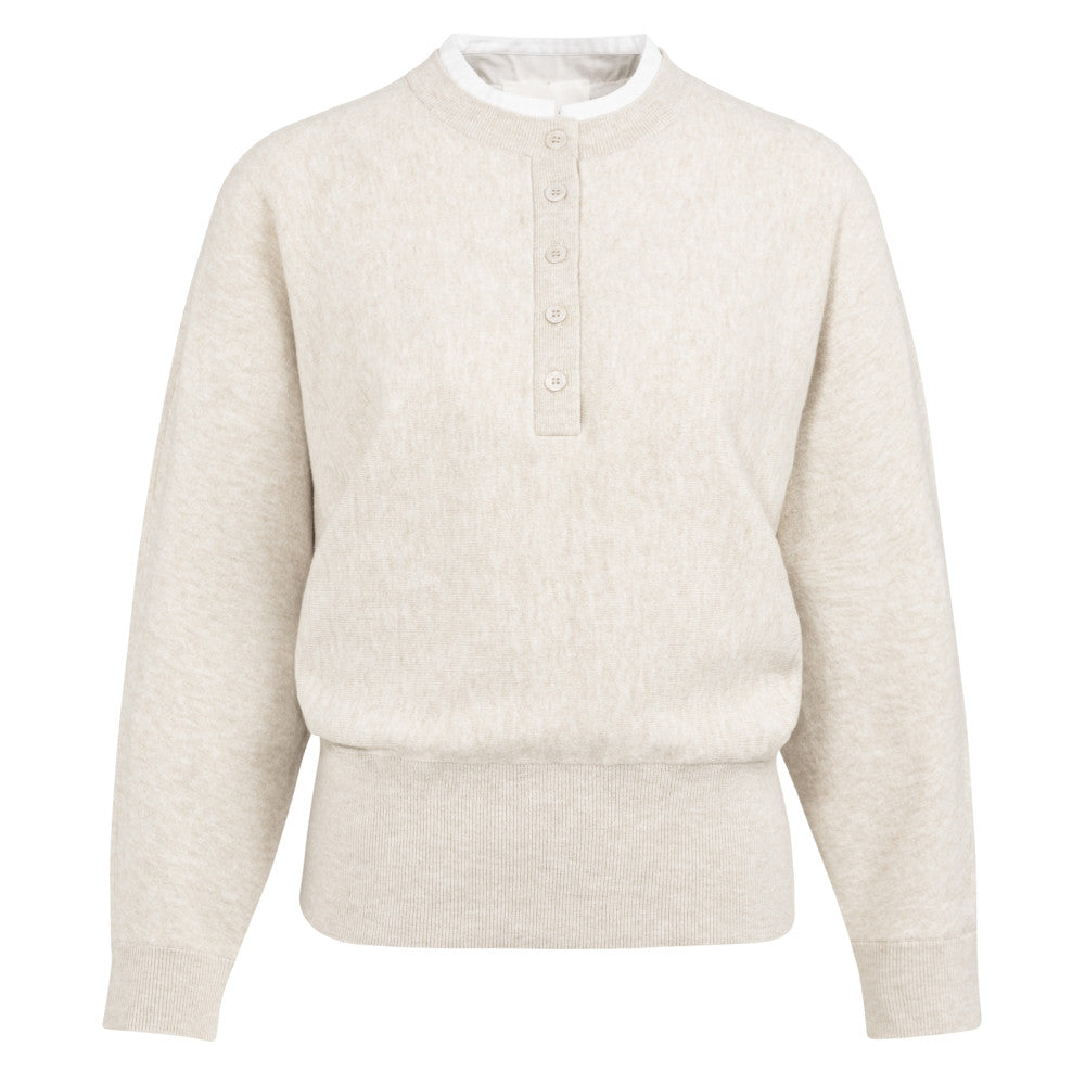 yaya 01-000546-601 Sweater met blousekraag en knoopdetail 990402 HEATHER GREY MELANGE beige