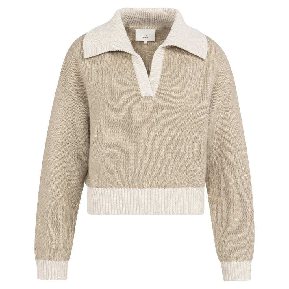 yaya 01-000547-601 gebreide trui v-hals oxford tan brown dessin