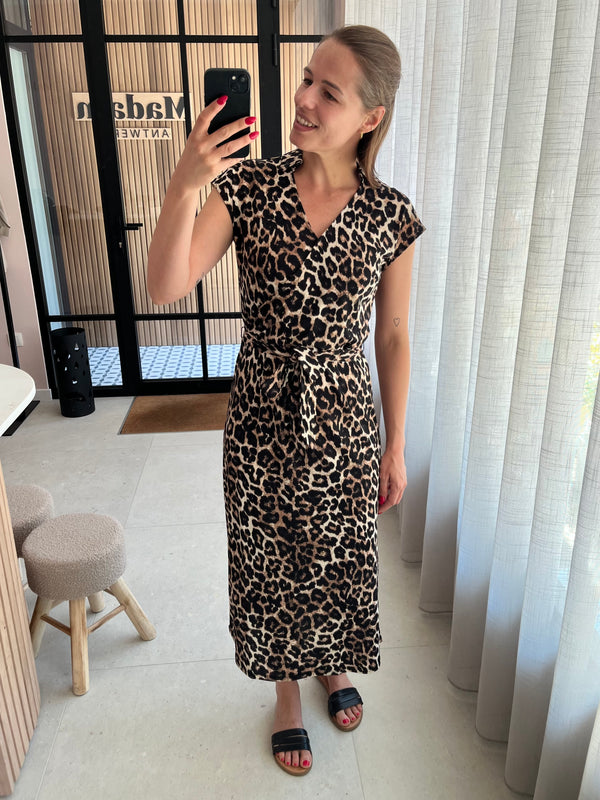fqyrsa dress lange jurk freequent luipaardprint leopard v-hals korte mouwen