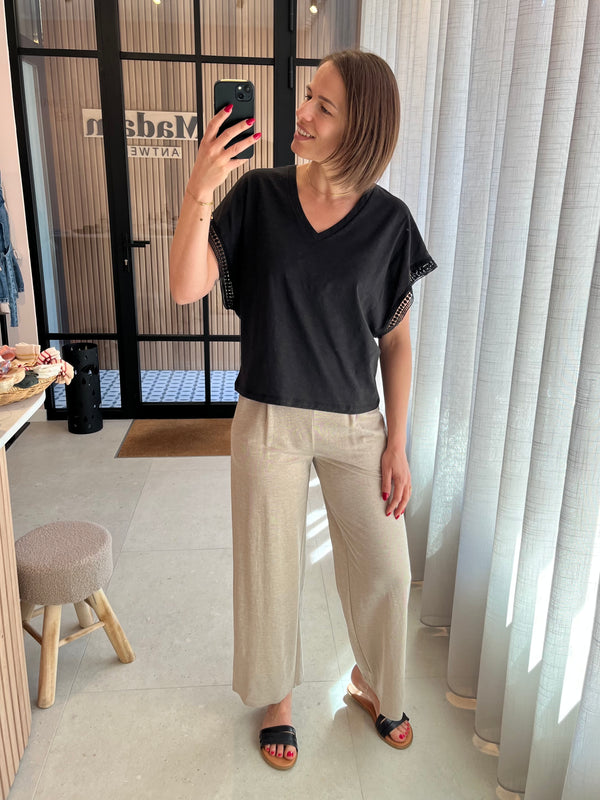 iholya ss4 black ichi top blouse t-shirt v-hals korte mouwen vleermuismouwen zwart
