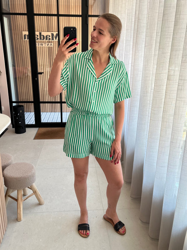 PCnya 2/4 shirt bc wvn simply green cloud dancer pieces blouse korte mouwen knoopjes groen wit gestreept