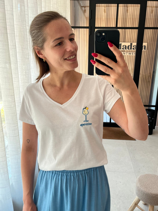 PCTUA SS V-NECK PRINTED T-SHIRT BC bright white aperitivo pieces t-shirt wit v-hals korte mouwen cocktail