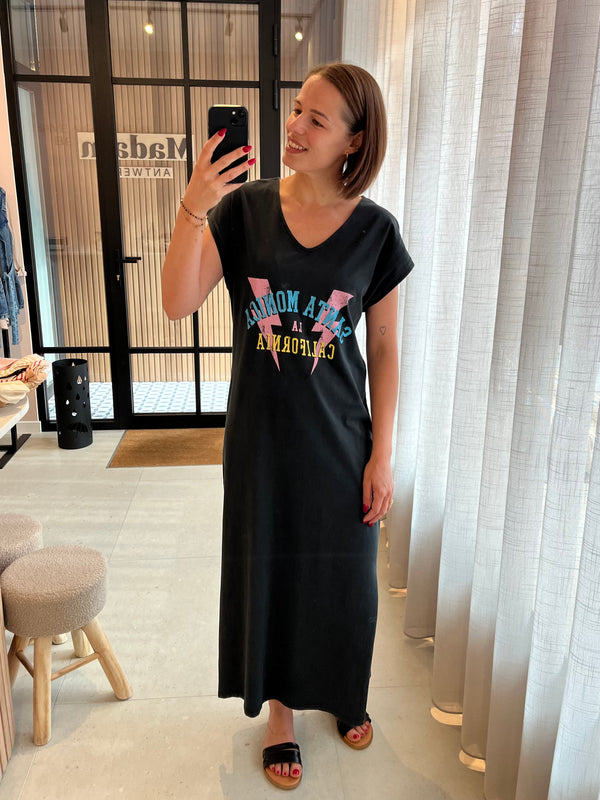 PCANN SS LONG DRESS FC BC black washed santa monica pieces lange jurk stoer korte mouwen v-hals print california splitjes