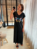PCANN SS LONG DRESS FC BC black washed santa monica pieces lange jurk stoer korte mouwen v-hals print california splitjes