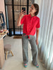 IHlinno sh2 top korte mouwen knoopje linnen framboos roze rood ichi