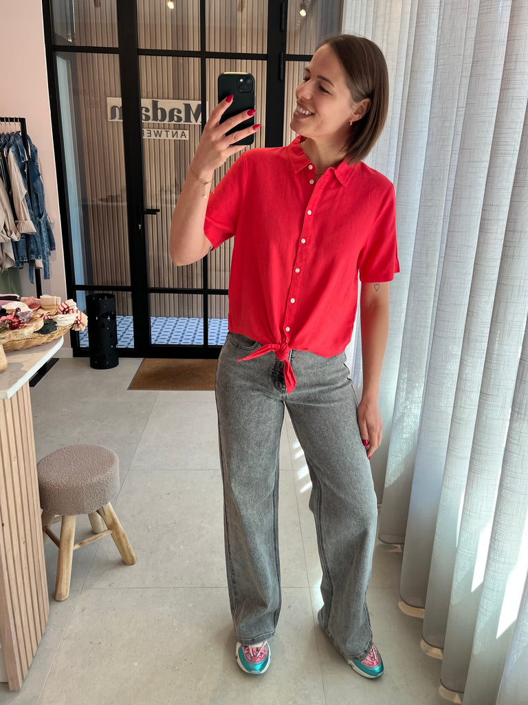 IHlinno sh2 top korte mouwen knoopje linnen framboos roze rood ichi