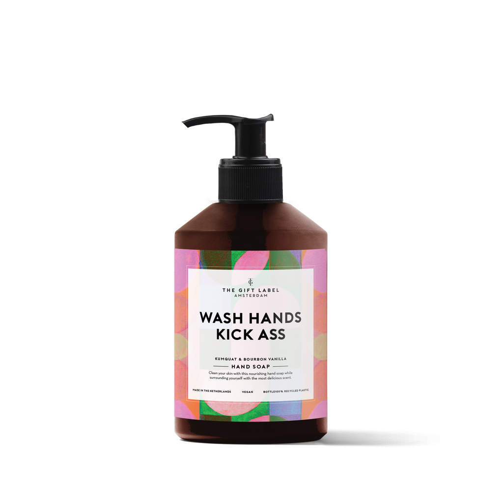 The gift label handzeep hand soap wash hands kick ass kumquat bourbon vanilla vegan 