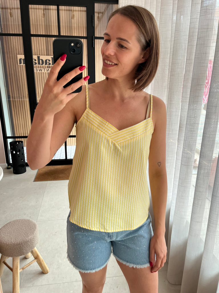 JDYjane singlet wvn dia lemon drop yellow com mouwloze top v-hals geel oranje gestreept