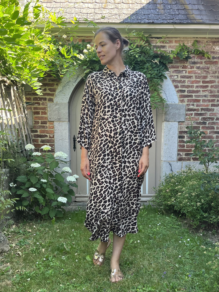 KAmarta kaffe shirt dress leopard print luipaard 3/4e mouwen lange jurk