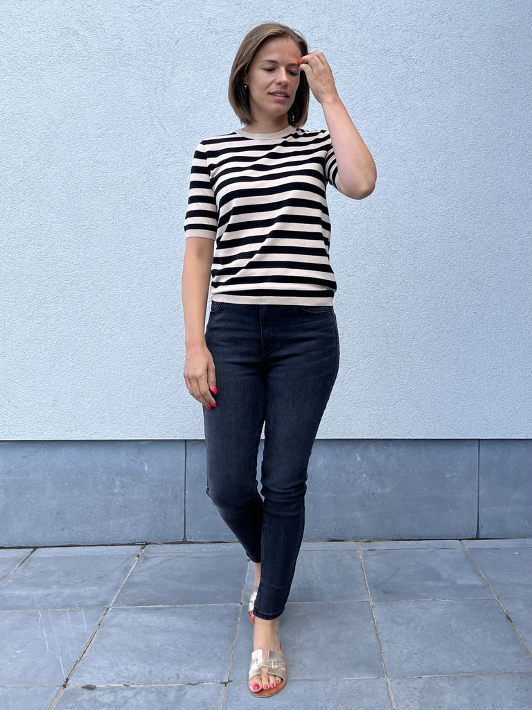 KAmilo kaffe short sleeve knit trui korte mouwen gestreept zwart beige smoke grey black