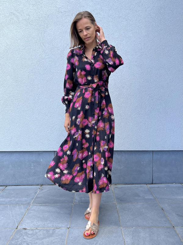 KAdorita Kaffe oline dress black shoking pink print zwart roze beige lange jurk mouwen