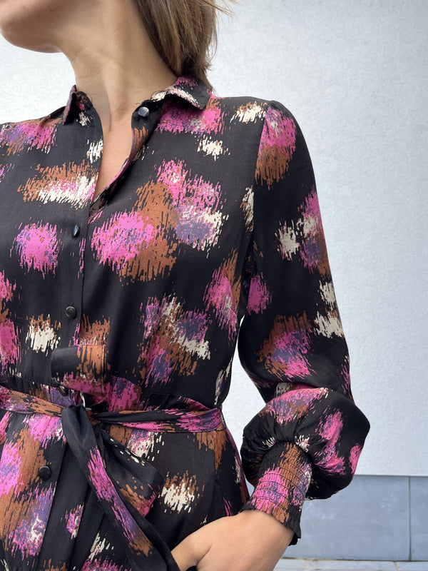 KAdorita Kaffe oline dress black shoking pink print zwart roze beige lange jurk mouwen