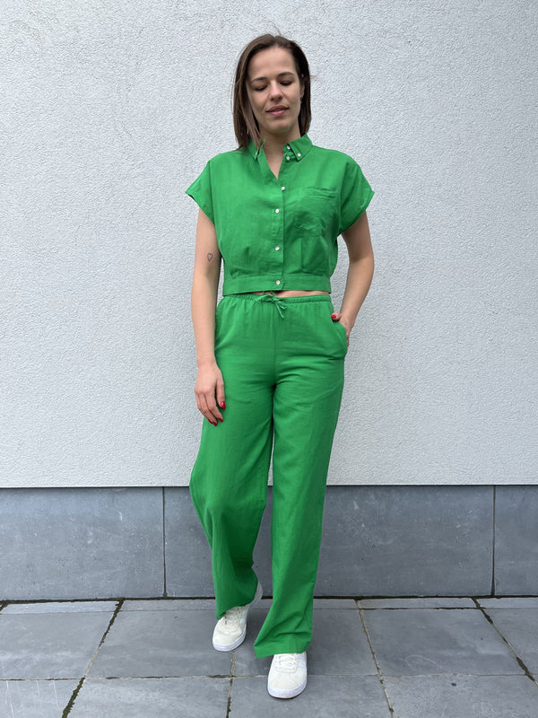 JXpenny linen blend sl shirt wvn sn medium green cropped top korte mouwen jjxx groen