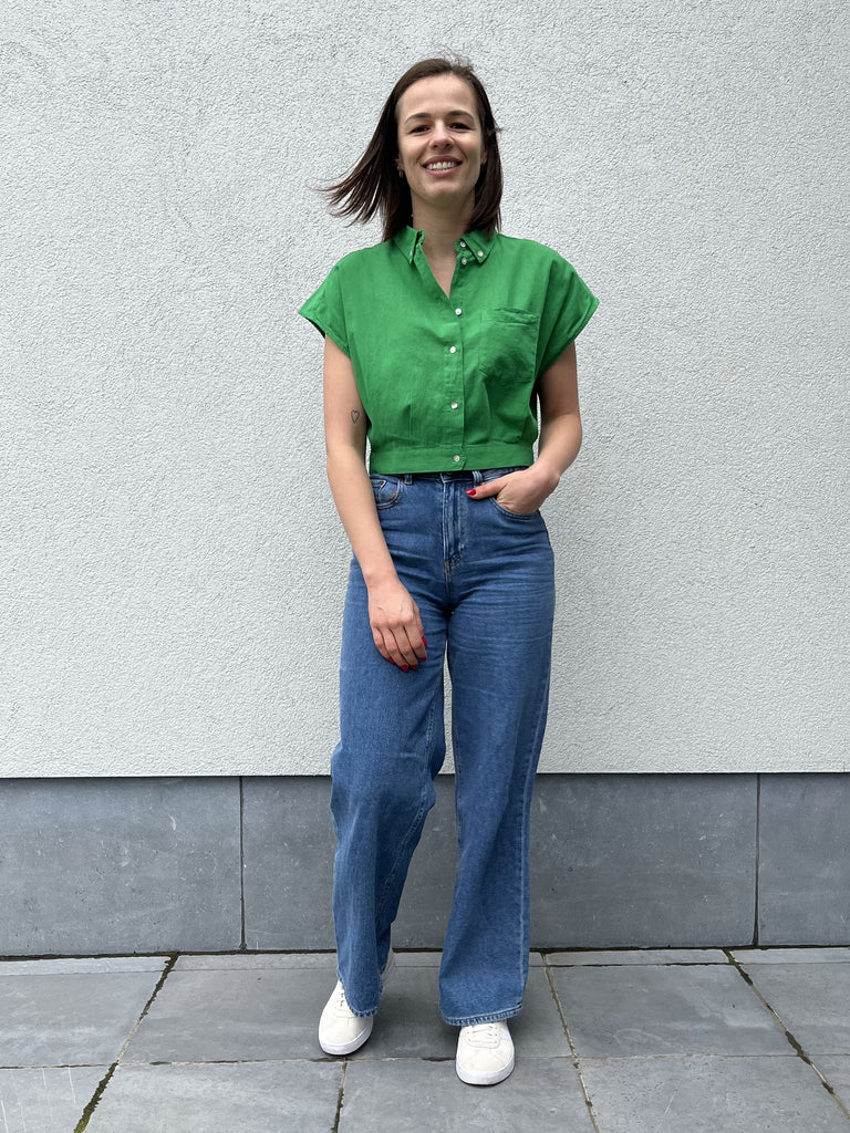 JXpenny linen blend sl shirt wvn sn medium green cropped top korte mouwen jjxx groen