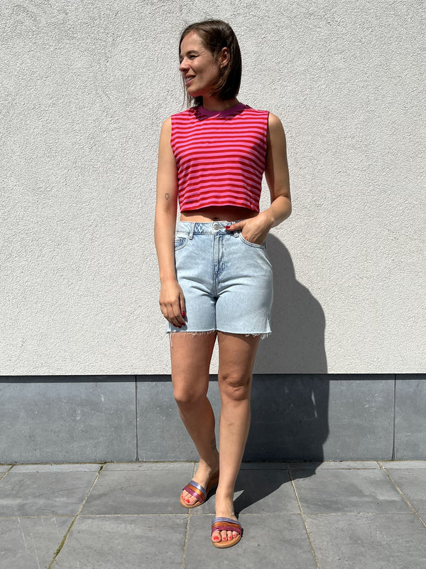 JXALVIRA sl slim crop stripe every tee carmine rose fiery red jjxx cropped top gestreept rood roze