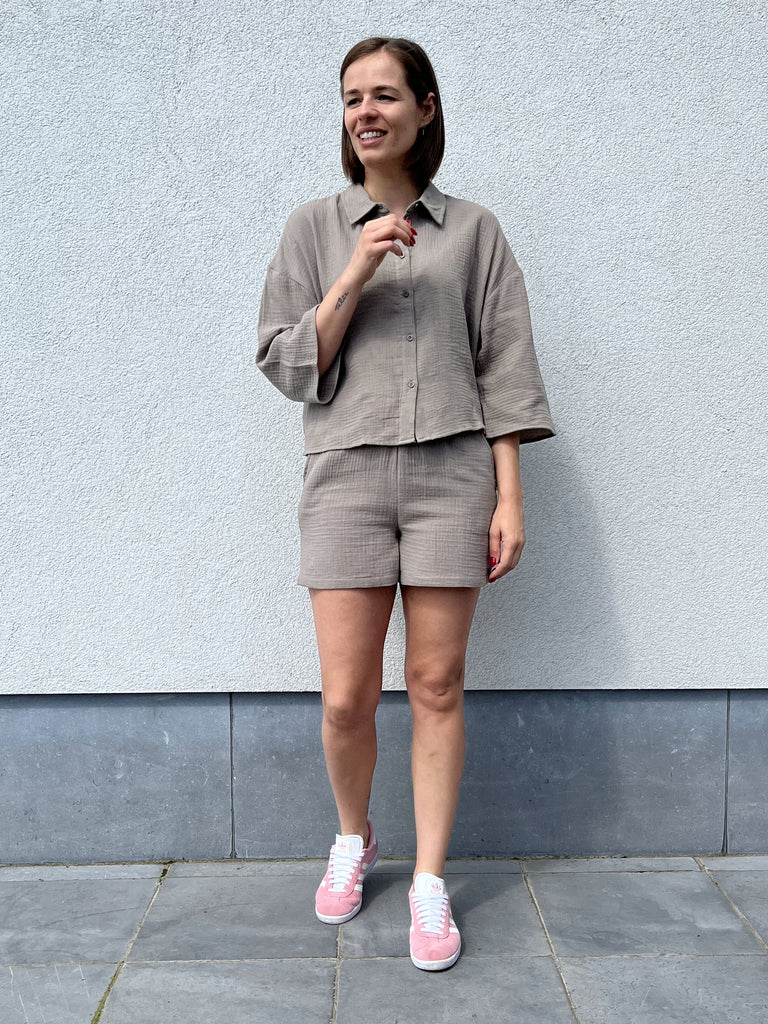 JDYtheis life 3/4 crop shirt wvn noos brindle losvallende blouse hemd halflange mouwen taupe tetra