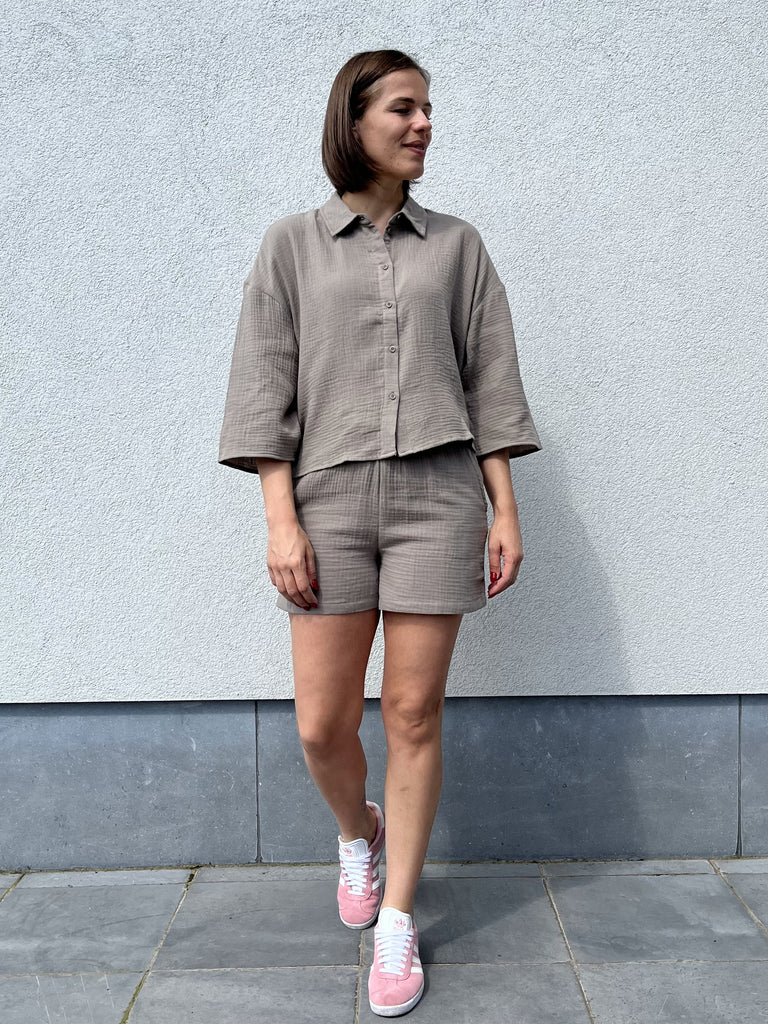 JDYtheis life 3/4 crop shirt wvn noos brindle losvallende blouse hemd halflange mouwen taupe tetra