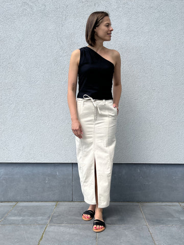 JXdora long denim hw skirt dnm white denim off white jjxx lange jeansrok split hoge taille beige ecru