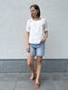 FQstream blouse brilliant white chambray blue off shoulder top korte mouwen wit lichtblauw bloemmotief freequent