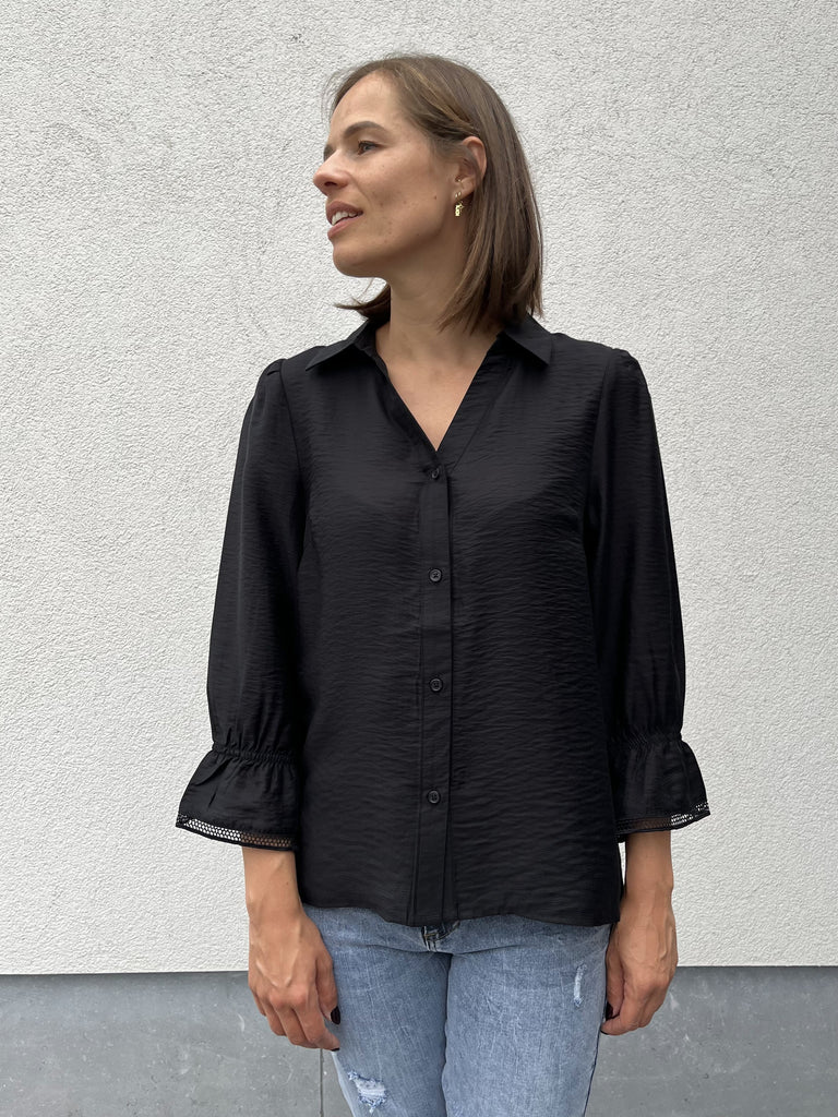 PZtori shirt black beauty pulz jeans blouse zwart 3/4e pofmouwen