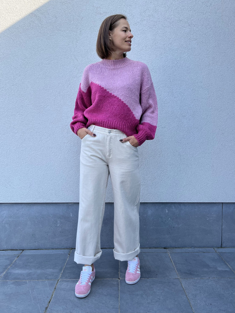 JDYkilian l/s pullover knit lilas w colorblock cacus flower gebreide trui roze opstaand kraagje lange mouwen