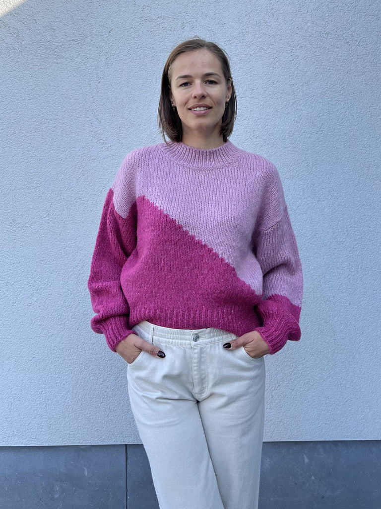 JDYkilian l/s pullover knit lilas w colorblock cacus flower gebreide trui roze opstaand kraagje lange mouwen