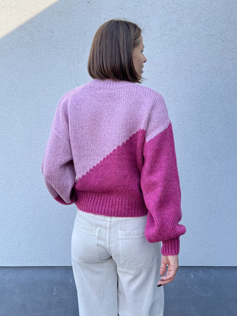 JDYkilian l/s pullover knit lilas w colorblock cacus flower gebreide trui roze opstaand kraagje lange mouwen