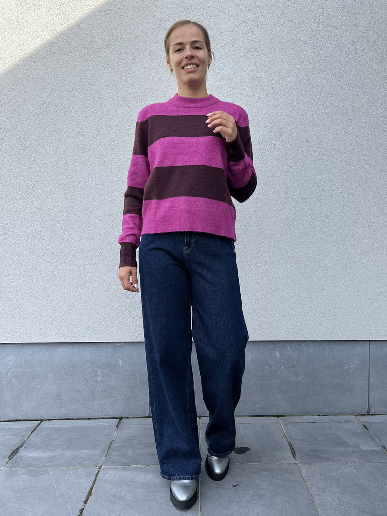 JXchick crew neck knit fuchsia red jjxx gestreepte trui lange mouwen opstaande kraag ronde half roze bordeaux