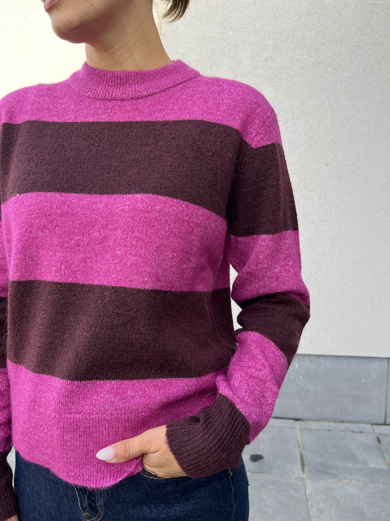 JXchick crew neck knit fuchsia red jjxx gestreepte trui lange mouwen opstaande kraag ronde half roze bordeaux