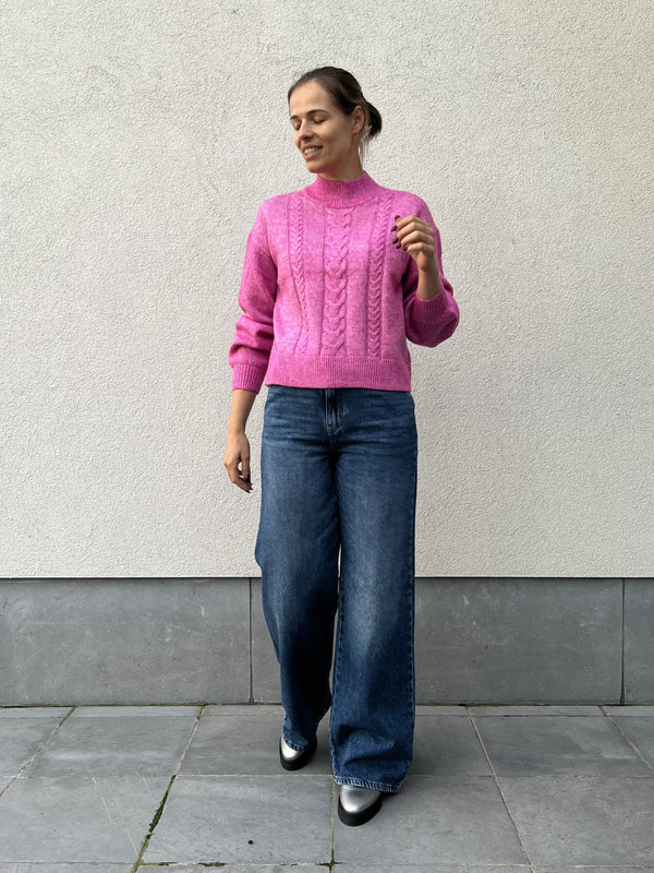 JDYsusanna l/s hn cable pullover knt rose violet melange trui lange pofmouwen ronde opstaande kraag roze