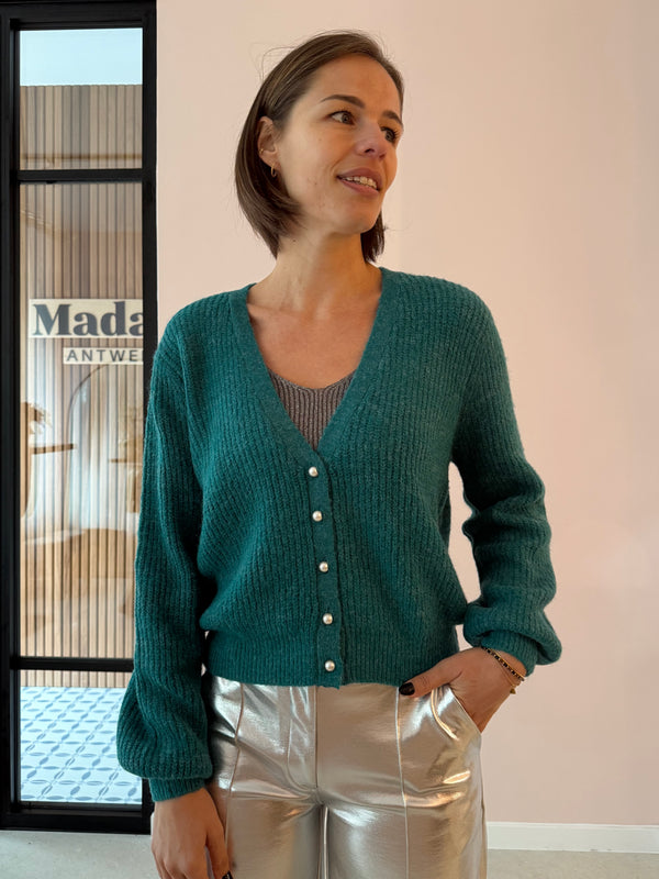 IHmarin ca5 green blue slate warme cardigan parelknopen turquoise blauw groen