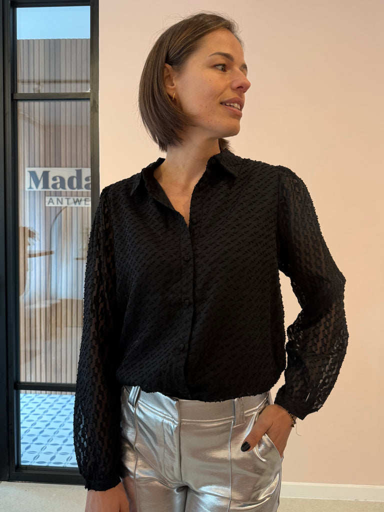 lofty manner blouse maddie black lange mouwen kraag knoopjes zwart