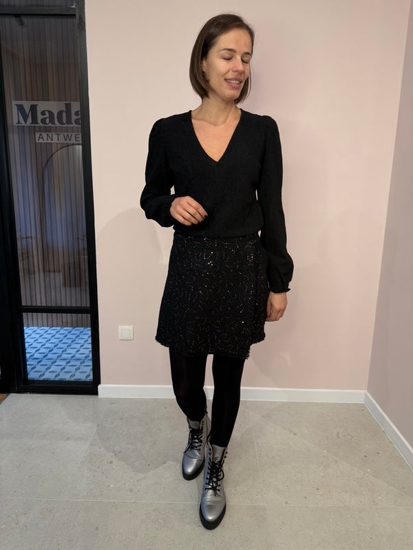 Lofty Manner top anika black blouse lange mouwen smock polsen v-hals zwart glitter glans