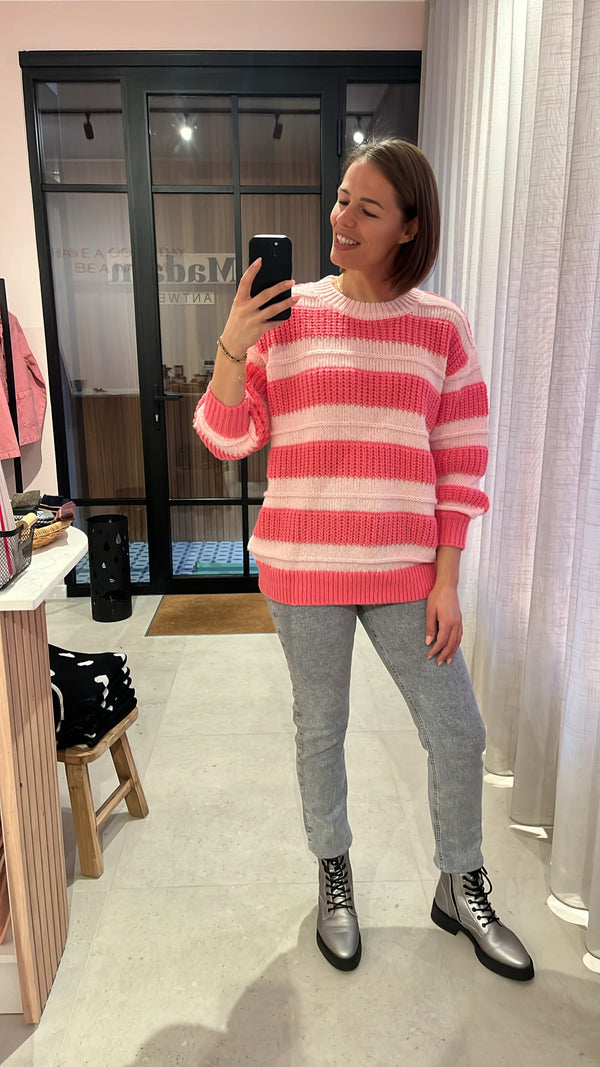 PCsimma oversize o-neck knit pink a boo pink lemon pieces trui roze gestreept zacht dik oversized