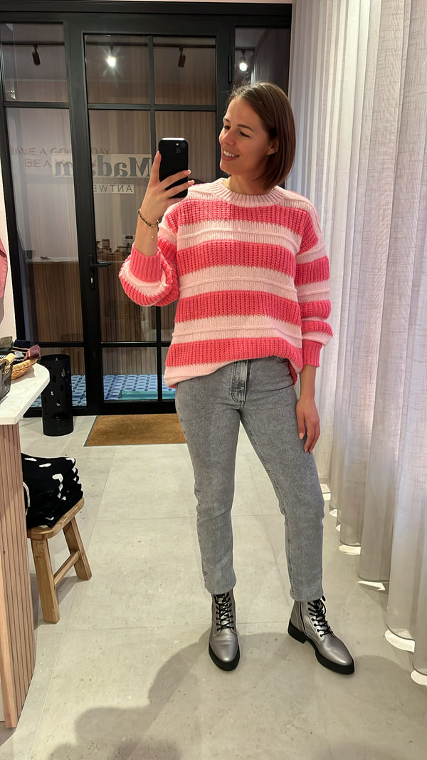 PCsimma oversize o-neck knit pink a boo pink lemon pieces trui roze gestreept zacht dik oversized