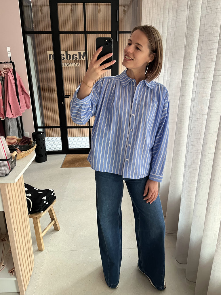 PZmaiken ls shirt Marina Blue Striped pulz jeans hemd blouse gestreept blauw wit knoopjes lange mouwen