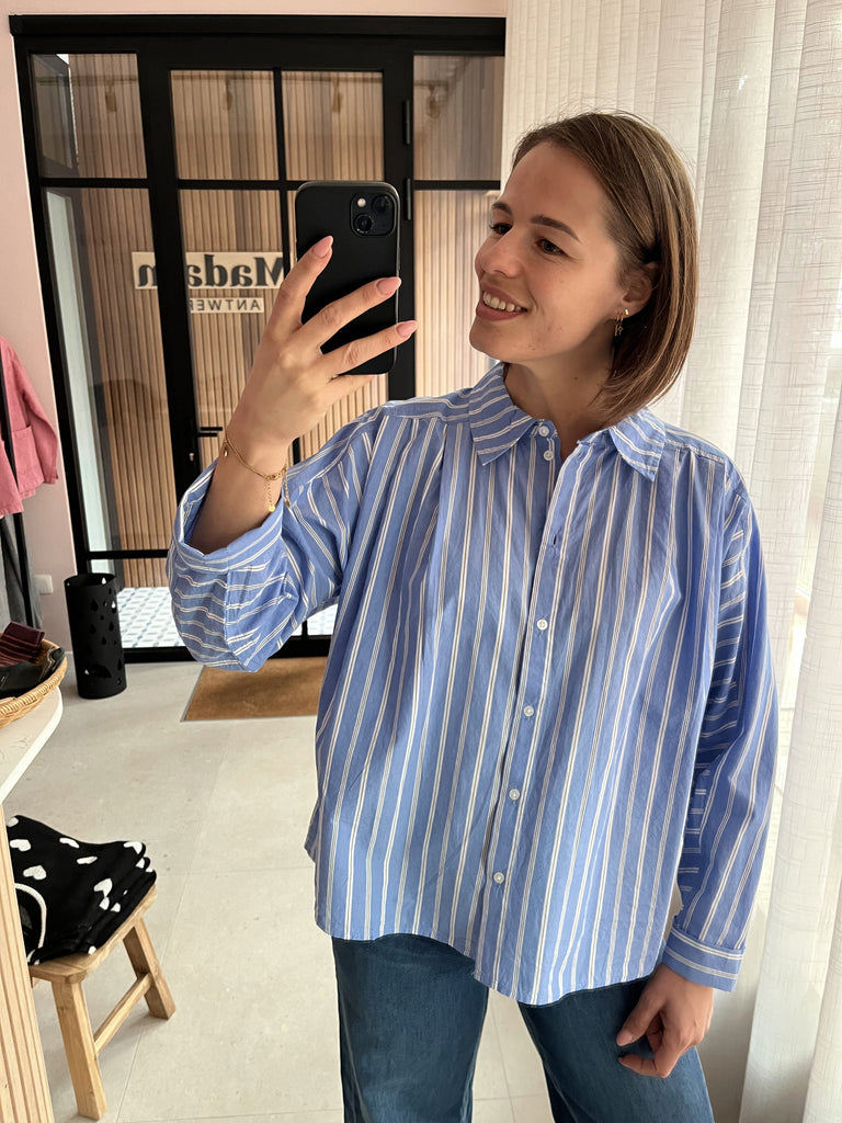 PZmaiken ls shirt Marina Blue Striped pulz jeans hemd blouse gestreept blauw wit knoopjes lange mouwen