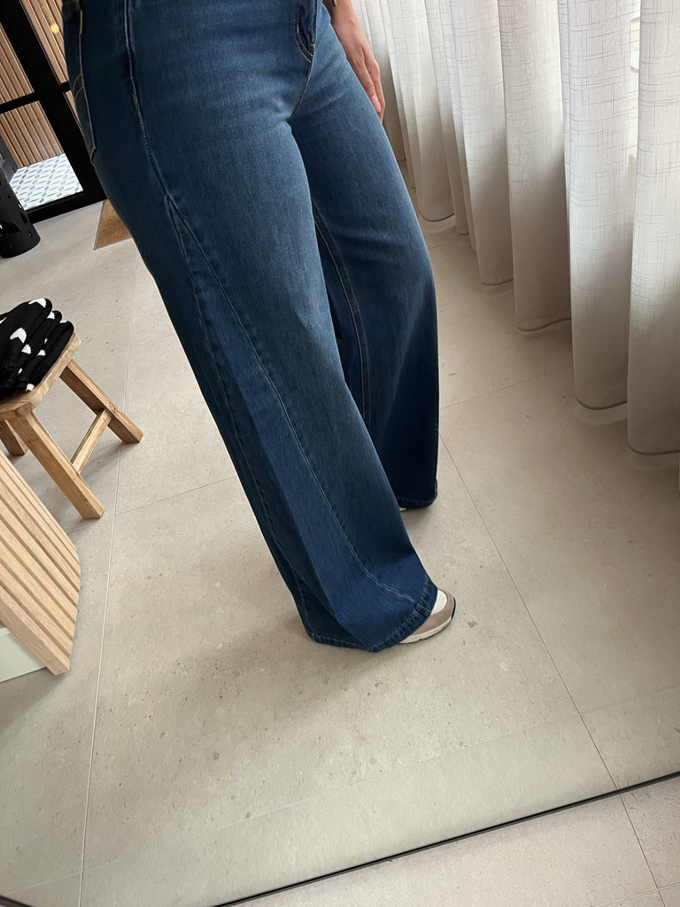 PZingrid high waist jeans wide leg Medium Blue Denim Pulz Jeans hoge taille brede pijpen blauw taillelint