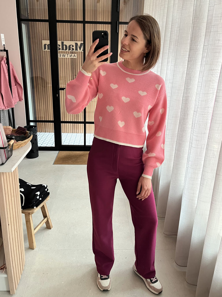 JDYromance l/s jacq pullover knit noos sachet pink pristine trui lange mouwen ronde hals hartjes print roze wit