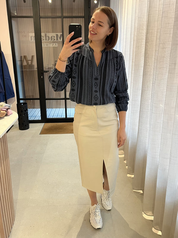 PZtiona blouse Dark Sapphire Strip pulz jeans hemd blauw grijs print lange mouwen v-hals