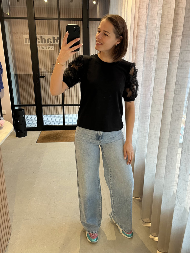 JDYfairview s/s sweat jrs black sweater korte halflange doorzichtige mouwen zwart top bovenstuk