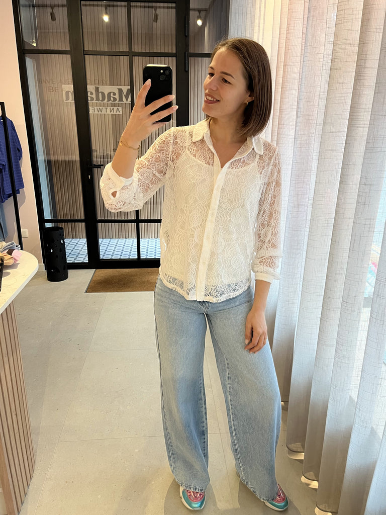 PColline ls lace shirt wvn noos cloud dancer pieces hemd blouse lange mouwen kant wit broderie