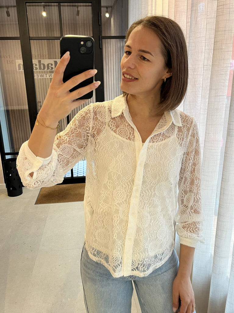 PColline ls lace shirt wvn noos cloud dancer pieces hemd blouse lange mouwen kant wit broderie