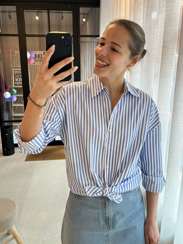 JDYvesper l/s loose striped shirt wvn cloud dancer cornflower hemd blouse losvallende lange mouwen blauw wit gestreept knoopjes