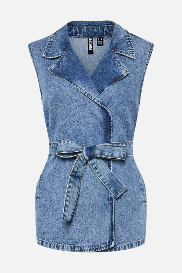 PCsabine long denim vest medium blue denim pieces jeansvest gilet blauw