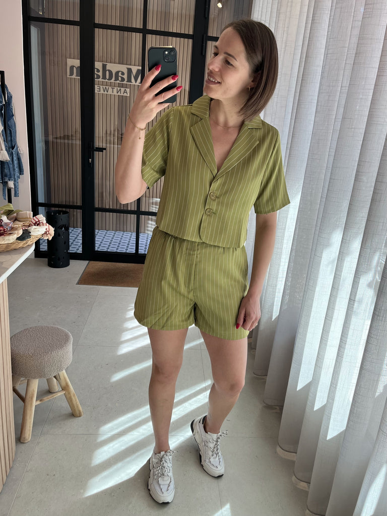 Lofty Manner blazer Camila green white korte blazer vest set groen wit gestreept
