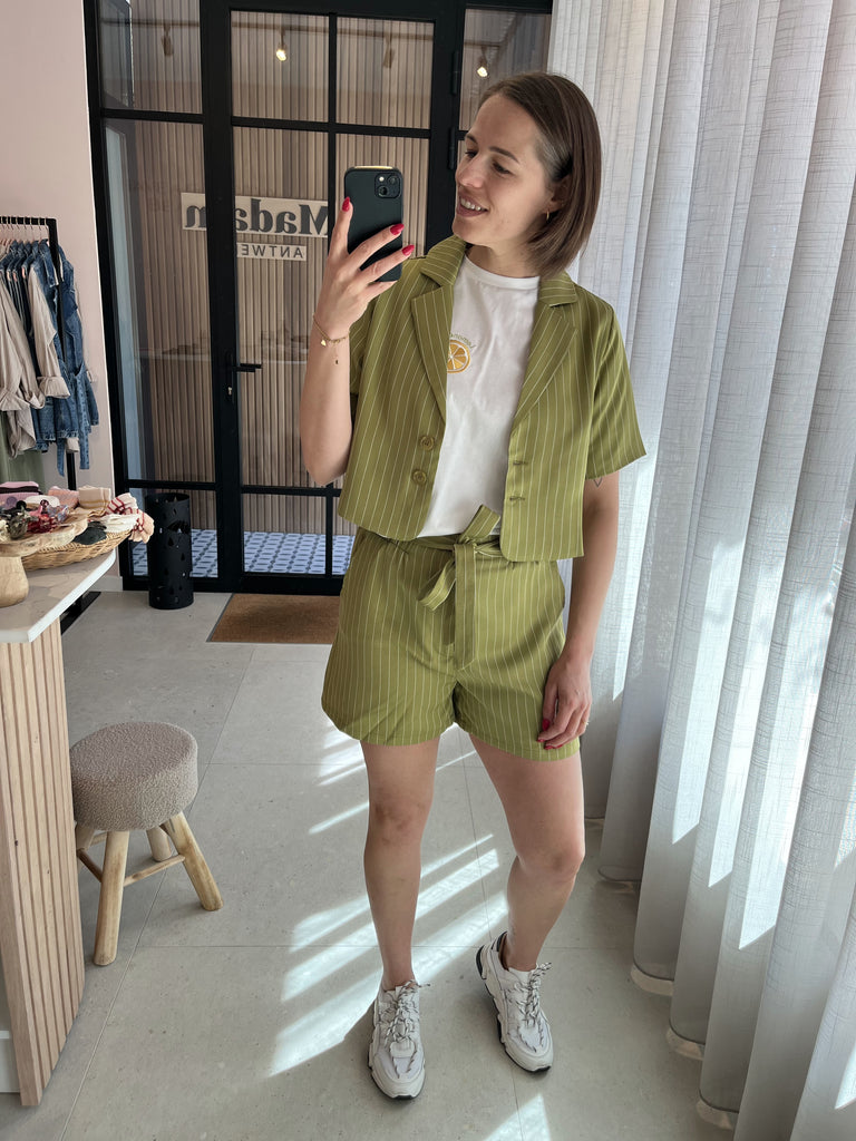 Lofty Manner blazer Camila green white korte blazer vest set groen wit gestreept