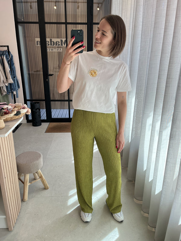 lofty manner trouser mea green losvallende comfortabele broek elastische tailleband hoge taille groen