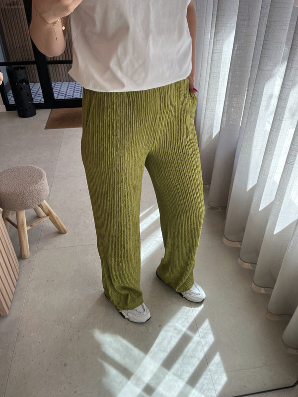 lofty manner trouser mea green losvallende comfortabele broek elastische tailleband hoge taille groen